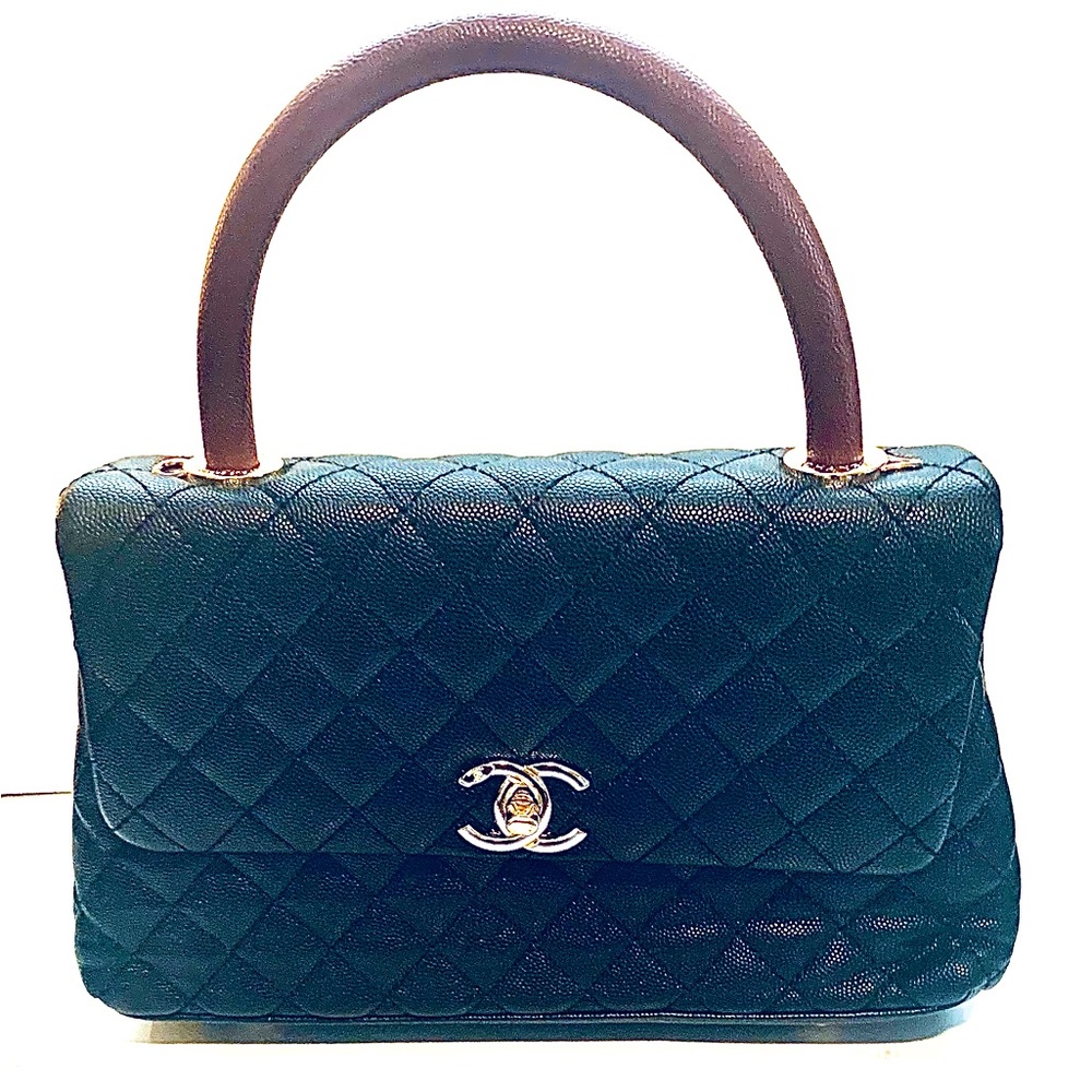 Chanel coco caviar black quilted w/burgundy  lizard handle small single flap bag